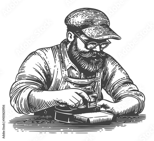 Detailed Woodcut Engraving of Artisan Crafting with Tools