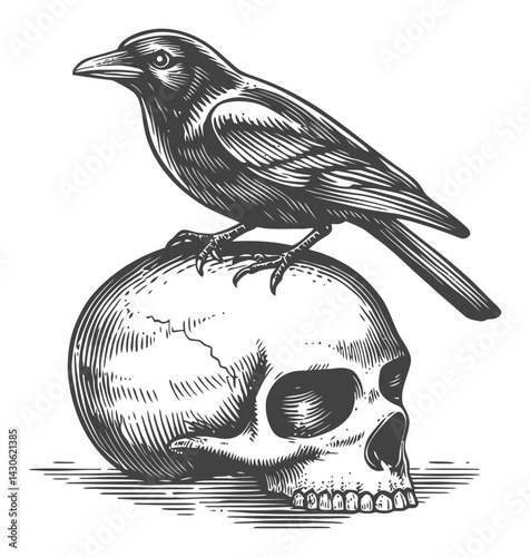 Black Bird Perched on a Skull in Vintage Engraving Style