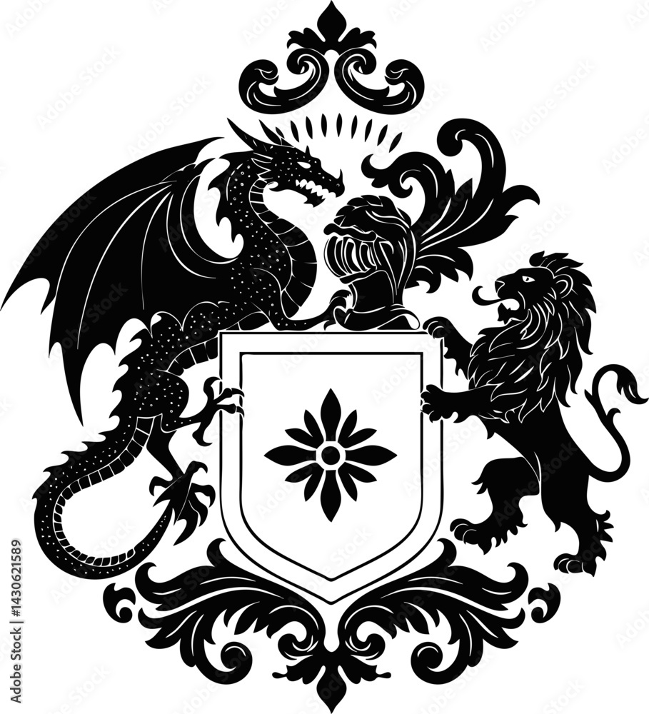 Fototapeta premium Mythical Heraldic Emblem with Dragon, Lion, Knight's Helmet, and Shield