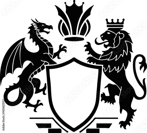 Heraldic Crest with Dragon, Lion, Crown, and Shield