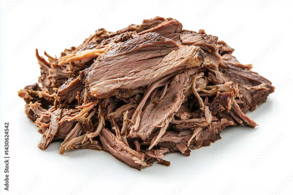 Cooked Pulled Beef Traditional Meat Rubbed with Spices and Smoked in a Texas Smoker Isolated on White Background Cooked Pulled Beef Traditional Meat Rubbed with Spices and Smoked in a Texas Smoker Isolated on White Background