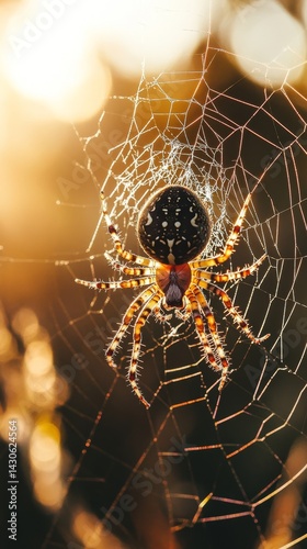 Close up of a large golden orb weaver spider on its intricate web, backlit by a warm golden sunset, creating a dramatic silhouette effect photo