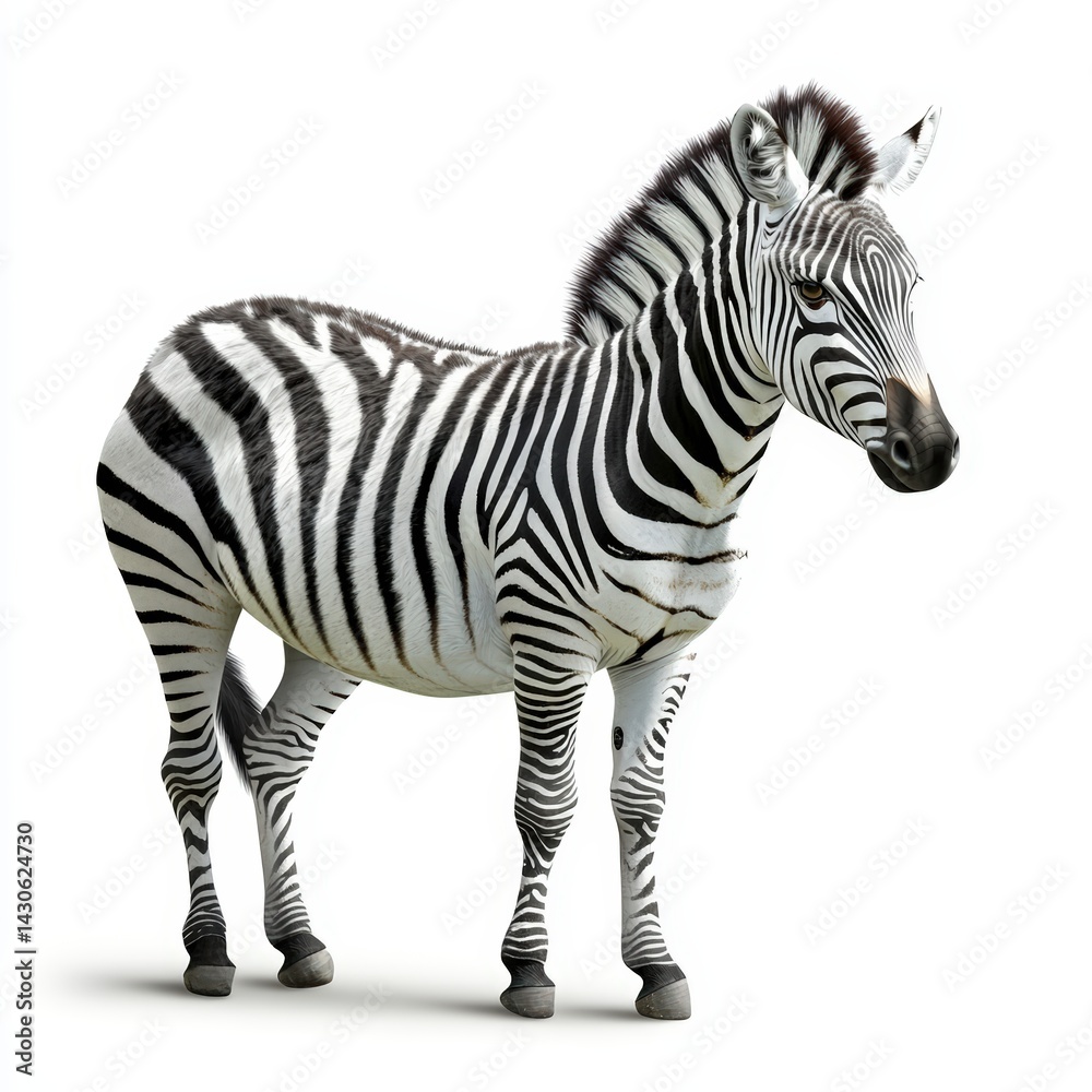 Obraz premium Cute zebra with tiny black and white stripes stands peacefully, a delightful cartoon clipart illustration.