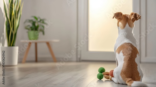 A playful dog sits patiently by the door with favorite toy, hopefully anticipating a fun walk soon.