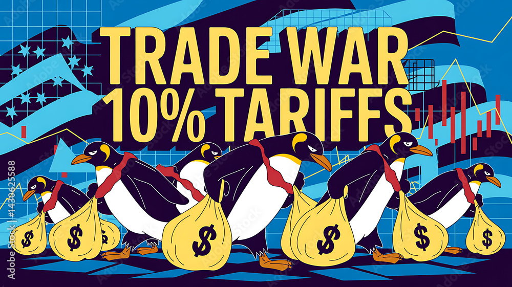 Fototapeta premium Penguins carry money bags against a backdrop of trade war graphics depicting financial burden and trade challenges.