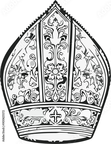 Highly Detailed Pope Mitre Line Art – Black and White Catholic Hat Vector for Religious
