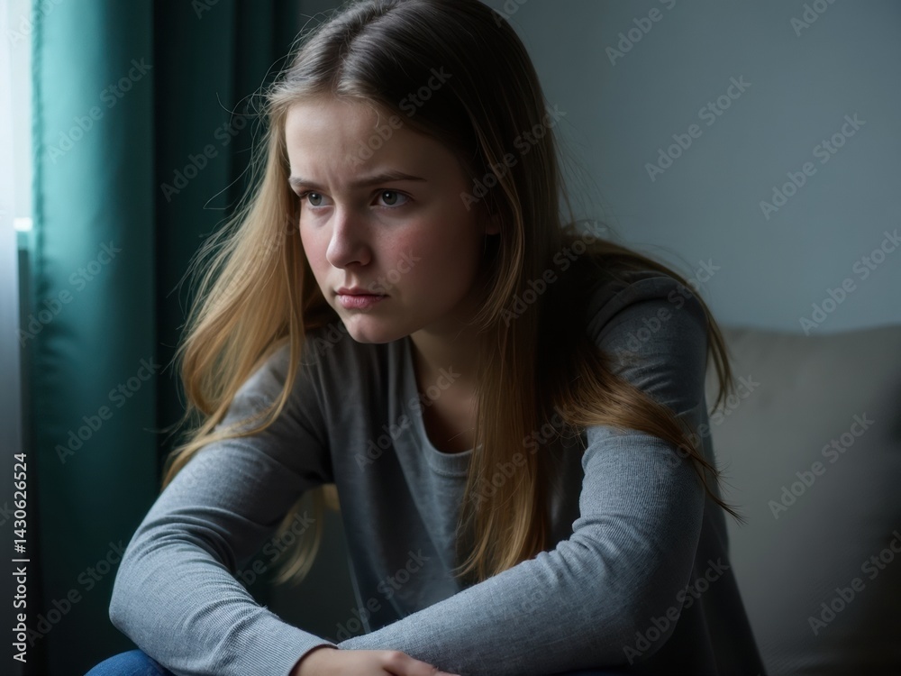 A young woman sits on a chair with a somber expression, feeling lonely and upset, reflecting on her emotional struggles in a warm, quiet space.