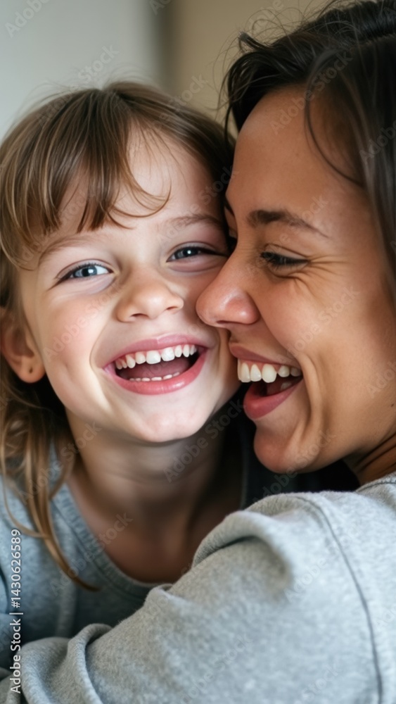 Young mother and daughter share a joyful hug, exchanging smiles and laughter in a cozy indoor environment, creating precious memories together.