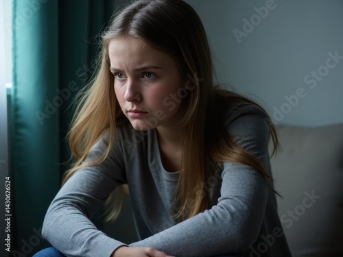 Obraz na płótnie A young woman sits on a chair with a somber expression, feeling lonely and upset, reflecting on her emotional struggles in a warm, quiet space. w salonie