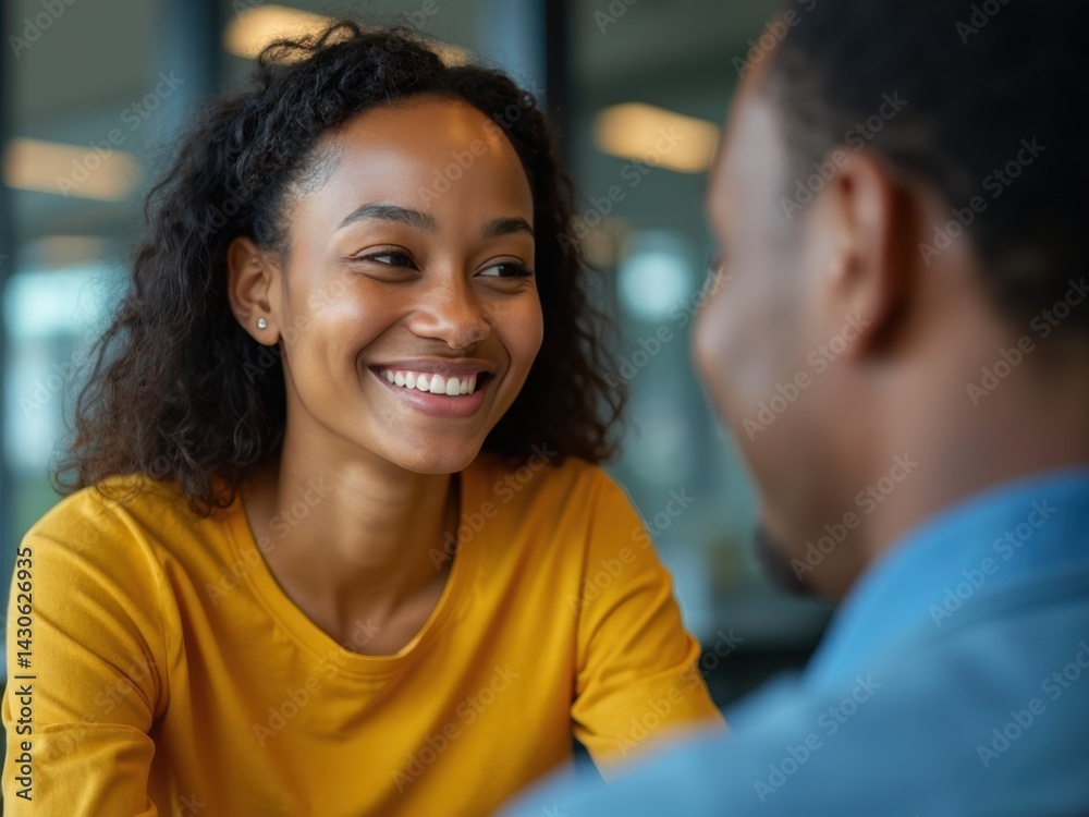 A happy black female employee smiles while engaging in a friendly chat with her male colleague in a contemporary office, showcasing workplace camaraderie.