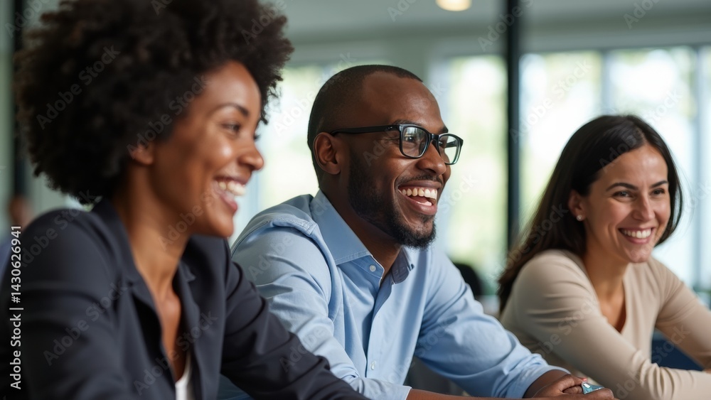 A diverse group of professionals enjoys a lively discussion during a corporate meeting.