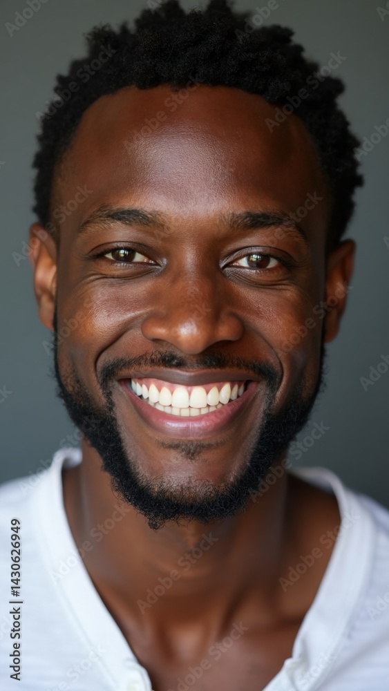 Portrait of a joyful African American man with a bright smile, showcasing confidence and warmth, perfect for promotional content in various industries.