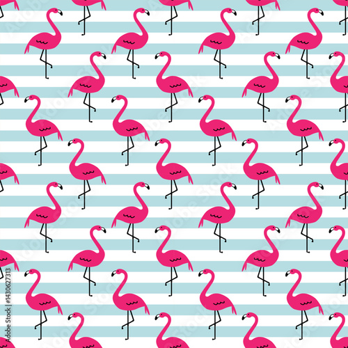 Summer seamless pattern with pink flamingo on striped background
