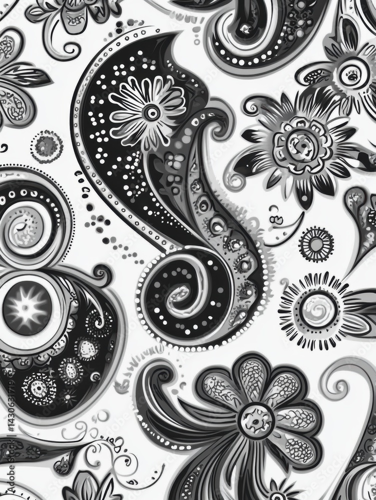 Elegant Black and White Paisley Pattern Featuring Intricate Floral and Ornamental Designs in a Seamless Layout Generative AI Elegant Black and White Paisley Pattern Featuring Intricate Floral and Ornamental Designs in a Seamless Layout Generative AI