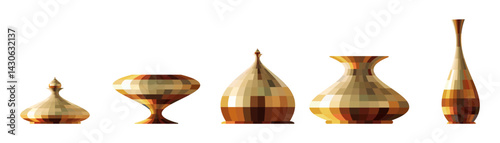 Set of five stylized vases in mosaic texture with warm earthy tones.  Surface reflection, gloss. Abstract mosaic design, perfect for posters, decor, digital projects and prints.