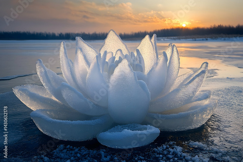 Frozen lotus flower sculpture on ice-covered water at sunset.
