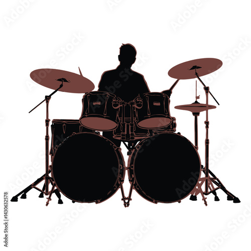 Male Musician Drummer Silhouette Vector, Drummer With Drums Silhouette Vector Illustration. 