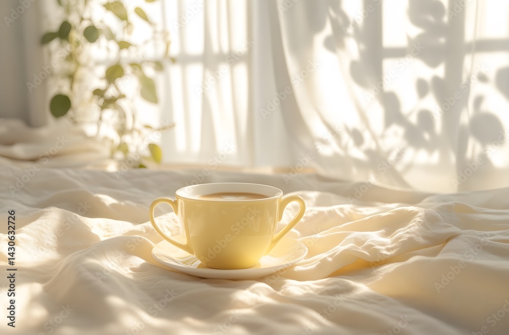 A cup of coffee on the table on a sunny morning creates a romantic atmosphere and the soft sunlight coming through the window panes illuminates the room. Ideal for advertising and presentations. A cup of coffee on the table on a sunny morning creates a romantic atmosphere and the soft sunlight coming through the window panes illuminates the room. Ideal for advertising and presentations.