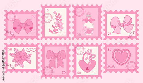 Romantic Pink Postage Stamps set. Vintage Coquette Ribbon Bow, Heart, Lock, Flower, Rose and Magic Elixir Potion. Girly Vibe. Isolated Trendy Aesthetic accessories for Design love theme Valentine Day