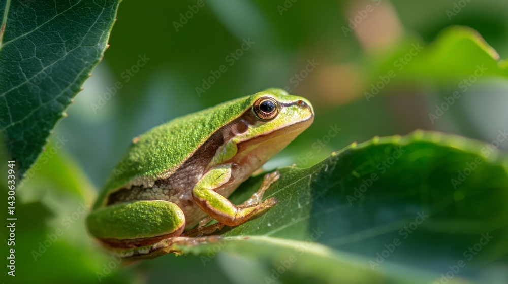 Tree frog resting on a vibrant leaf, bathed in soft sunlight - nature's delicate balance in a hidden world Tree frog resting on a vibrant leaf, bathed in soft sunlight - nature's delicate balance in a hidden world