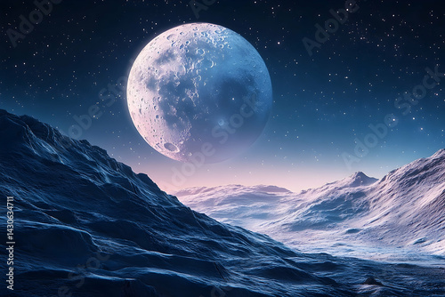Vast, icy alien landscape under a luminous, distant moon.