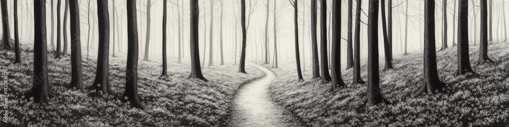 Fototapeta premium Black And White Woods. Monochrome Forest Path in Timberland Landscape