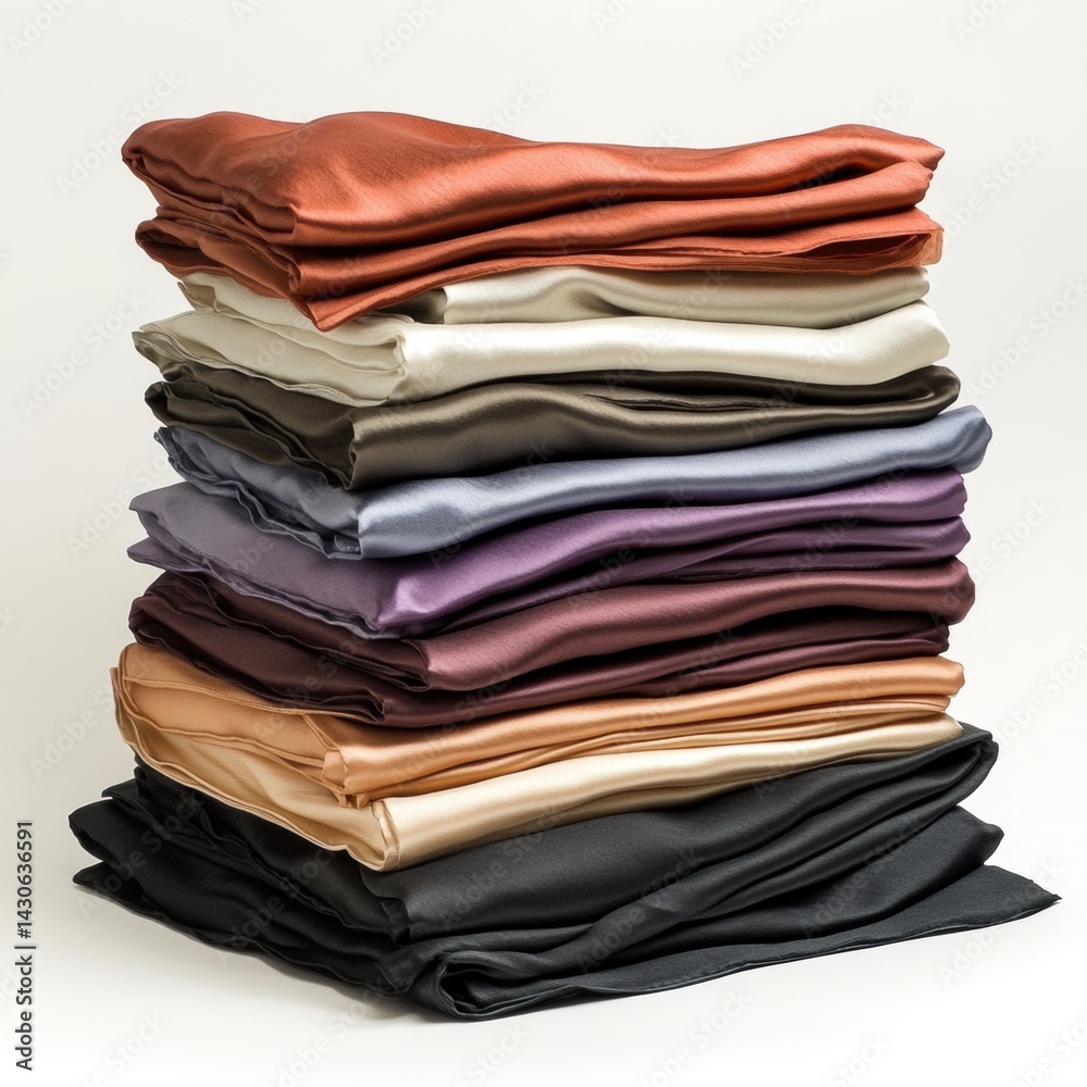 Neatly folded stack of silk linen in rich colors displaying elegance against a white background at an angle Neatly folded stack of silk linen in rich colors displaying elegance against a white background at an angle
