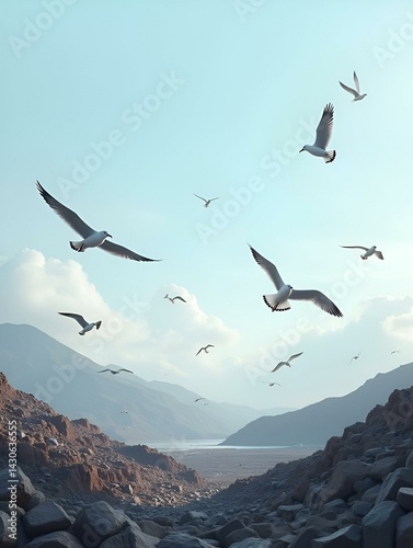 Seagulls soar over a vast landfill landscape with space for text and message insertion. Generative AI
