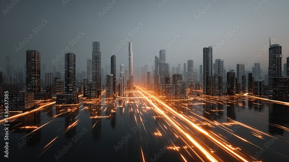 Fototapeta premium Digital technology plan for company growth. Luminous lines in a cityscape background symbolize the movement of data. Generative Ai