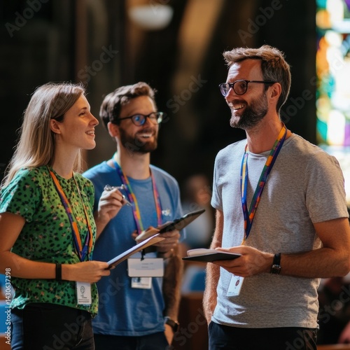 Staff members collaborate and engage during a team meeting at a contemporary church in a vibrant setting