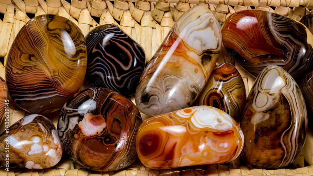 Assorted Polished Agate Stones in Woven Basket, Colorful Collection