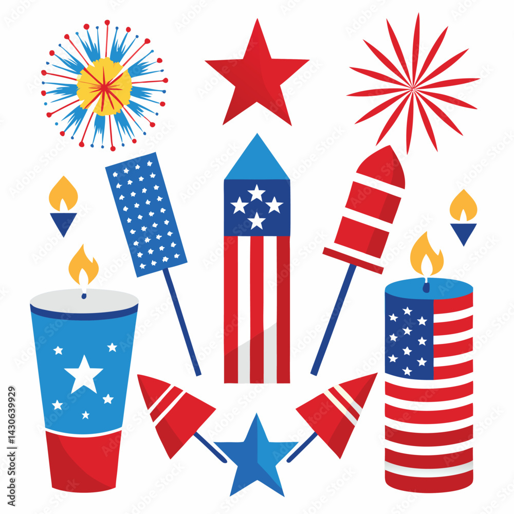 Obraz premium American fireworks set isolated shilhotee vector on white background