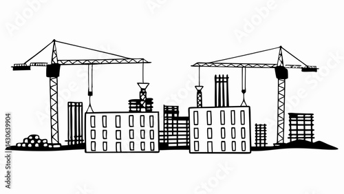 Black silhouette of a construction site isolated on transparent background. Construction cranes over buildings. City development.  Vector Art