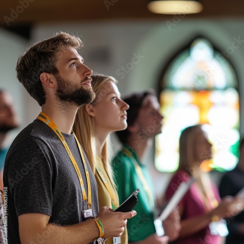 Contemporary church staff members engaged in a group activity while wearing badges and lanyards during a team meeting