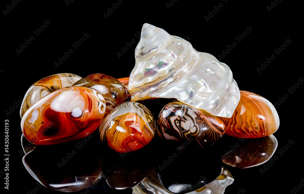 Pearlized seashell with polished agate stones