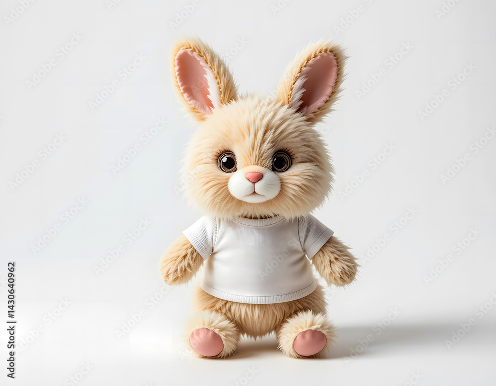 Naklejka premium Sweet stuffed bunny with big eyes wearing a plain white tee, isolated.