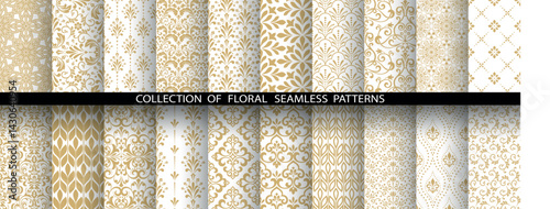 Geometric floral set of seamless patterns. White and golden vector backgrounds. Damask graphic ornaments