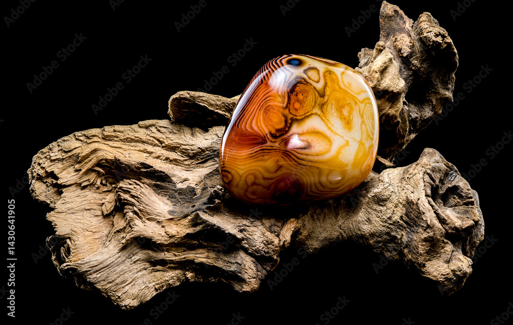 Polished Agate Stone Resting on Driftwood Sculpture
