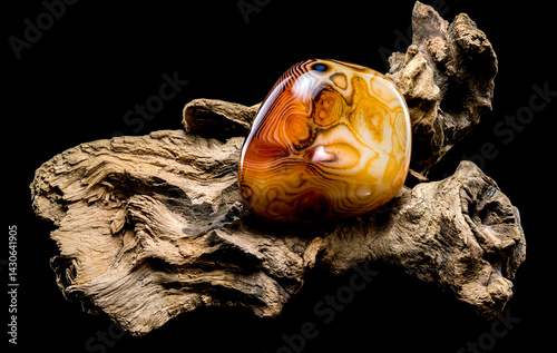 Obraz na płótnie Polished Agate Stone Resting on Driftwood Sculpture w salonie