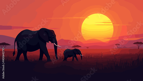 African savanna scene with elephant and calf walking at sunset, orange and red tones, acacia trees and glowing sun