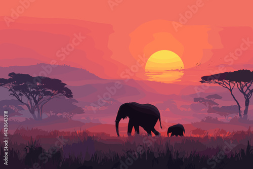 Vector illustration of African savanna landscape with elephant and calf at sunset, warm colors, acacia trees and birds in the sky, peaceful wildlife scene