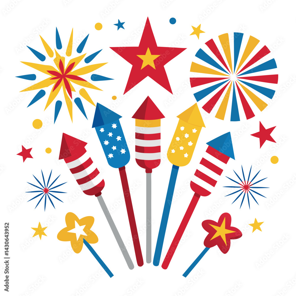 Obraz premium American fireworks set isolated shilhotee vector on white background