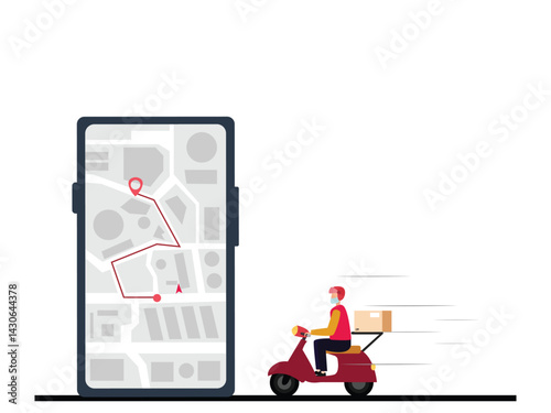 Delivery man service Courier riding a scooter with location tracking app on big smartphone vector  illustration