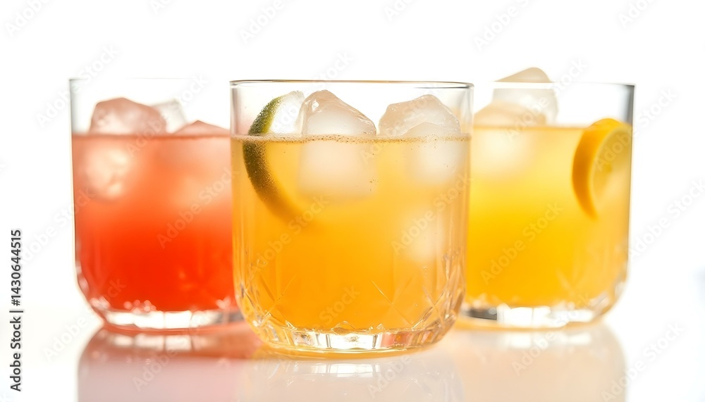 Glasses of fruit drinks with ice cubes isolated on white Glasses of fruit drinks with ice cubes isolated on white
