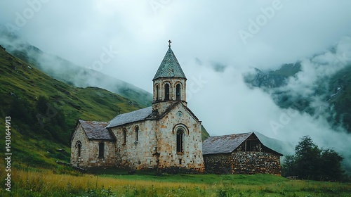 Stone church nestled in misty mountain valley