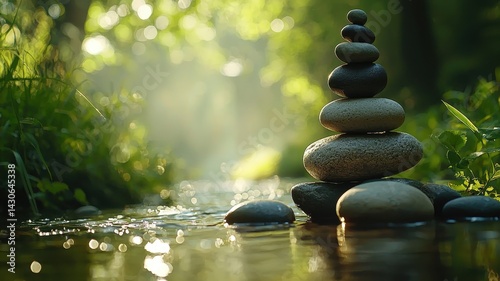 Mental heath with mindfulness and prevention idea. Balanced stones atop a serene stream in a lush, green setting.