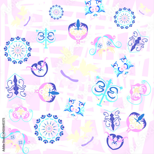 The background is made of colored elements in the form of curls, circles.