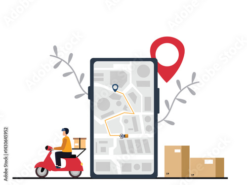 Delivery man service Courier riding a scooter with location tracking app on big smartphone vector  illustration