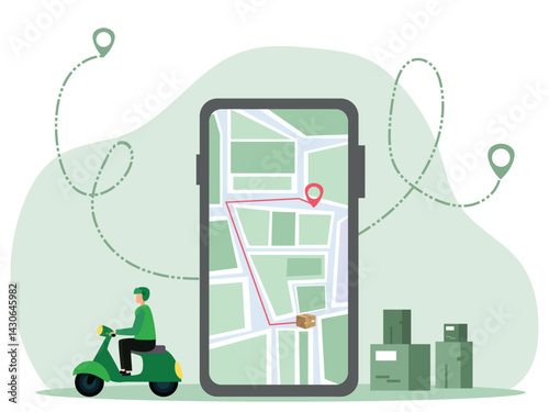 Delivery man service Courier riding a scooter with location tracking app on big smartphone vector  illustration