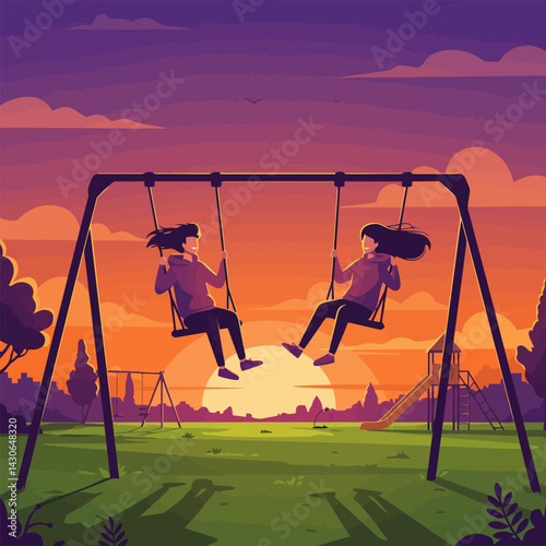 People Swinging on Playground Swings at Sunset in the Park